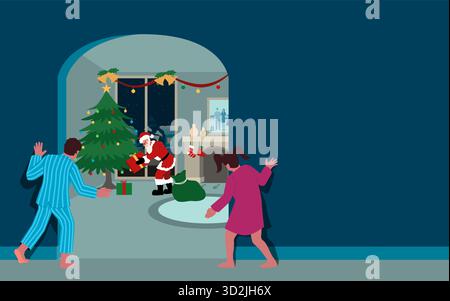 Playful vector illustration of two kids sneaking up on Santa Claus delivering gifts under the Christmas tree on a winter night. Stock Vector