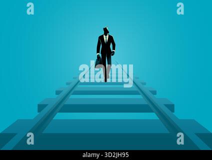 Businessman walking on railway tracks concept for risk taking, walking a fine line, or facing challenges head on in business. Stock Vector
