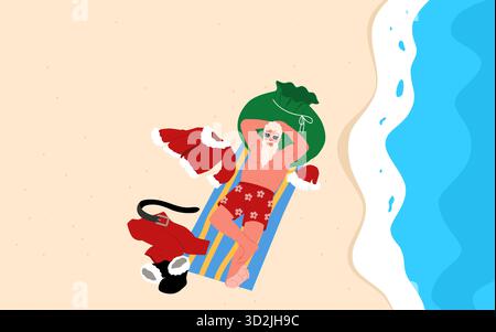 Santa Claus relaxes on a tropical beach in red shorts and sunglasses, his suit tossed aside. A fun summer holiday scene showing Santa enjoying a break Stock Vector