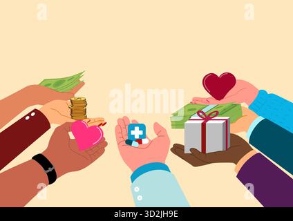 Diverse Hands Giving Donations. International Day of Charity, support, and kindness concept vector illustration. Stock Vector