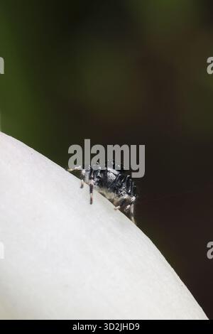 Tiny black and white jumping spider resting on delicate flower petal. This macro shot captures alert arachnid in natural garden setting with soft gree Stock Photo