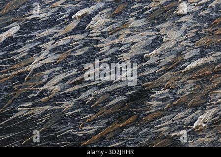 Close up abstract background texture of dirty car surface with mud splatter. Grimy sand and dirt stains create rugged and messy pattern after an off r Stock Photo