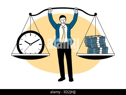 Cartoon businessman stands confidently, balancing a scale with money on one side and a clock on the other. Represents the trade off between time and w Stock Vector