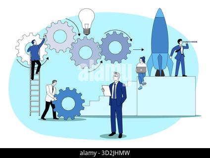 Startup Launch Concept, with teamwork, gears, and light bulb Idea Stock Vector