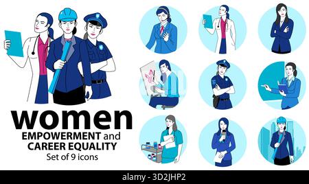 Vector illustration of professional women in various roles including doctor, engineer, police officer, businesswoman, and more. Stock Vector