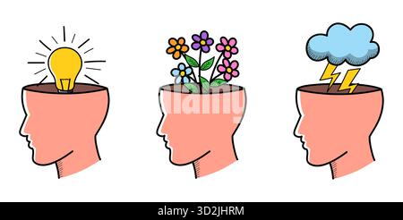 Mental health and emotions concept, brain with lightbulb, flowers, and storm cloud Stock Vector