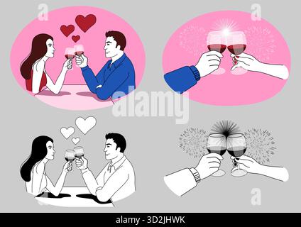 Romantic Couple Toasting with Wine, love, anniversary, and celebration vector illustration Stock Vector