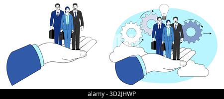 Vector illustration of a giant hand supporting a group of businesspeople, symbolizing leadership, mentorship, human capital, and corporate support. Stock Vector