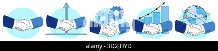 Vector illustration set showing handshakes symbolizing successful business partnerships, collaboration, and teamwork. Stock Vector
