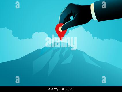 Business goal targeting, hand placing location pin on mountain peak Stock Vector