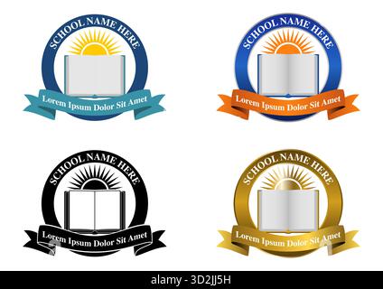 School logo badge template, vector design with book and sun icons Stock Vector