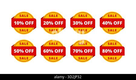 Set of circular sale stickers with red and yellow design featuring discount percentages from ten to eighty percent ideal for retail promotion advertis Stock Vector