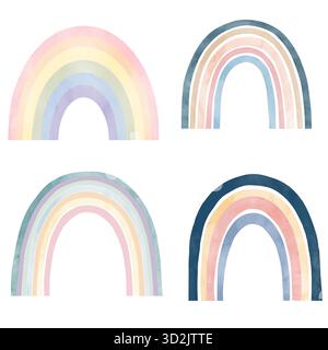 The rainbow is spring, with multicolored stripes. Watercolor illustration. A cheerful summer rainbow, set of drawings, isolated on white background. F Stock Photo