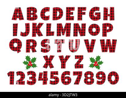 Buffalo plaid alphabet letters and numbers with holly decoration. Red and black checkered font for festive rustic holiday design, craft, and festive Stock Vector