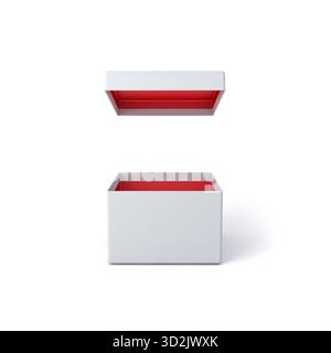 Front view of blank open white square box mock up with red inside the opened present cardboard box and lid cover isolated on white background with sha Stock Photo