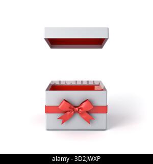 Front view of blank open square gift box with lid cover or opened present box product mock up display showcase with red ribbons and bow isolated over Stock Photo
