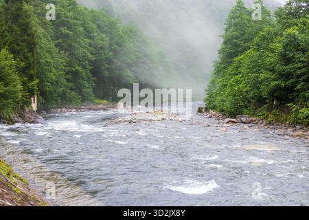 Powerful white water rapids of the Firtina River flowing over large rocks in the Black Sea region. Stock Photo