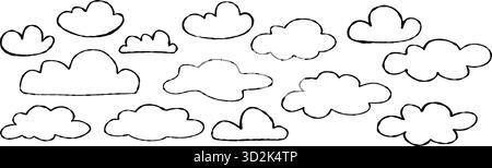 Outline Crayon Clouds set. Curvature Chalk Textured Freeform Hand Drawn. Isolated Childish naive Doodles on White Background. Vector illustration. Not Stock Vector