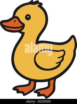 Cute yellow cartoon duck with an orange beak and feet, shown in side view with bold outlines and a playful friendly expression. Stock Vector
