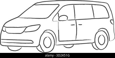 Hand-drawn family minivan shown from the side with sliding doors and large windows in a clean black-and-white outline. Stock Vector