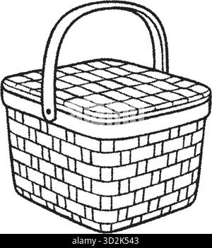 Hand-drawn woven picnic basket with a fitted lid and curved handle, illustrated in clean black-and-white outline style. Stock Vector