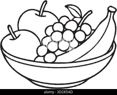 Hand-drawn fruit bowl filled with apples, grapes, banana, and pear, shown in a simple black-and-white outline illustration. Stock Vector