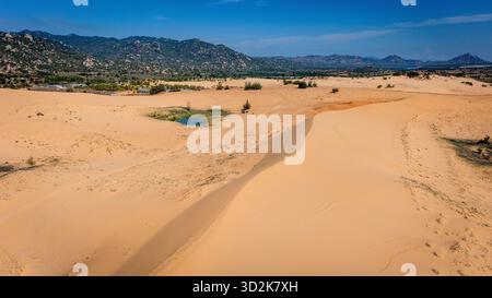 Aerial view of Phan Rang sand dunes, Vietnam—golden desert, dry riverbed, green oasis and rugged mountains under clear blue sky Stock Photo