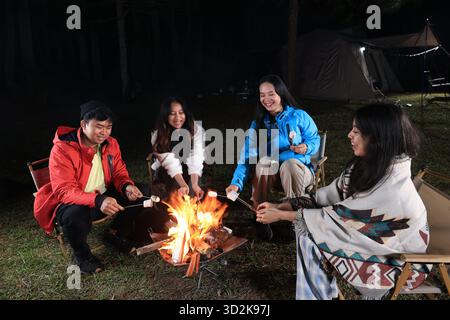 Group of Asian Friends Camping and Making Smores at Campfire, Late Night Outdoor Activity Stock Photo