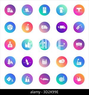 Environment, industry, sustainability. Vector set of 25 round gradient icons featuring eco transport, recycling, pollution, climate, energy, and indus Stock Vector