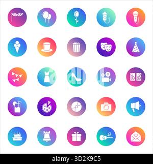 Party, celebration, entertainment. Vector set of 25 round gradient icons featuring masks, balloons, food, drinks, music, gifts, and festive symbols fo Stock Vector