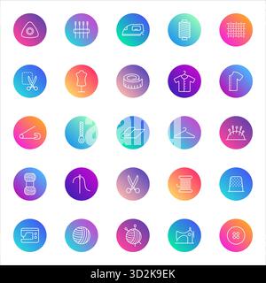 Sewing, tailoring, craft. Vector set of 25 round gradient icons featuring tools, fabrics, garments, and accessories for fashion design, DIY, and creat Stock Vector