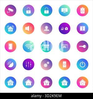 Smart home, technology, IoT. Vector set of 25 round gradient icons featuring security, connectivity, automation, energy, audio, and control functions Stock Vector