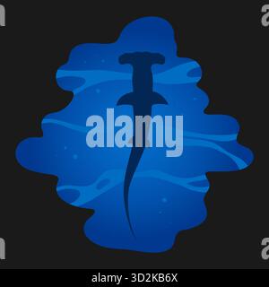 Blue underwater illustration with a hammerhead shark silhouette. Hammerhead shark swimming in the ocean top view. Vector illustration Stock Vector