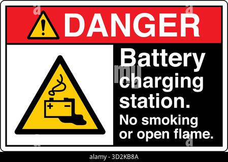 Safety Sign – Warning: Battery Charging Area alerts workers to potential hazards such as electric shock, sparks, or explosive gases during battery cha Stock Vector
