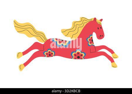 Cute hand drawn horse decorated with flowers. New Year 2026 symbol. Cartoon pony. Vector illustration Stock Vector
