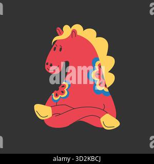 Hand drawn red horse emblem. New Year 2026 symbol. Cartoon pony decorated with flowers. Vector illustration Stock Vector