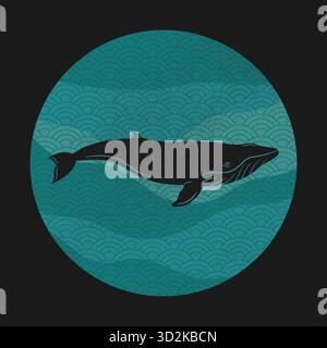 Whale silhouette on ocean waves background. Vintage emblem with a whale on wavy pattern background. Vector illustration Stock Vector