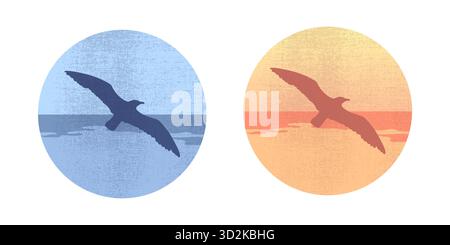 Round emblems with a silhouette of a seagull flying over sea. Vector illustration Stock Vector
