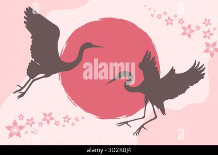 Japanese style background with flying cranes silhouettes on red sun background. Vector illustration Stock Vector
