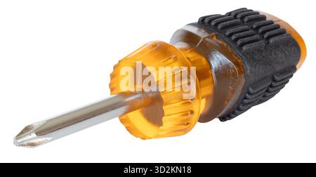Transparent yellow handle on a short cross headed screwdriver with rubber grip isolated. Stock Photo
