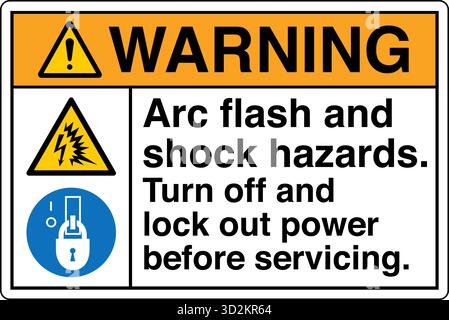 The Safety Sign Arc Flash and Shock Hazards Turn Off and Lock Out Power Before Servicing  warns individuals of the electrical risks associated Stock Vector
