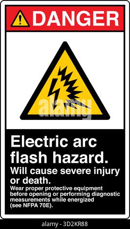 The Safety Sign Arc Flash and Shock Hazards Turn Off and Lock Out Power Before Servicing  warns individuals of the electrical risks associated Stock Vector