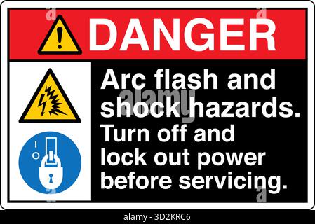 The Safety Sign Arc Flash and Shock Hazards Turn Off and Lock Out Power Before Servicing  warns individuals of the electrical risks associated Stock Vector