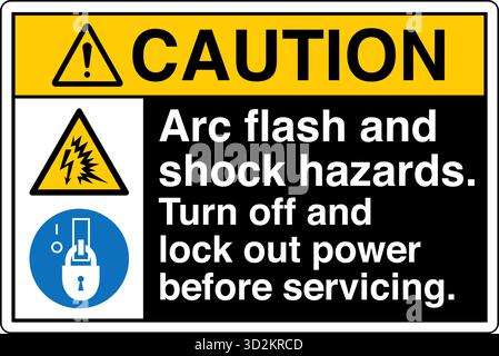 The Safety Sign Arc Flash and Shock Hazards Turn Off and Lock Out Power Before Servicing  warns individuals of the electrical risks associated Stock Vector