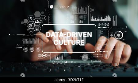 Hands Typing on Keyboard with Overlaid Data-Driven Culture Graphics and Infographics for Business Analysis and Technology Themes. Asymptotic smart dat Stock Photo