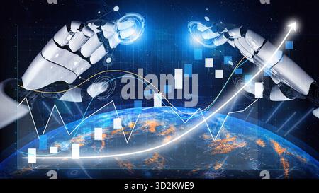 This image showcases futuristic robotic hands interacting with data analytics over a digital Earth, symbolizing the intersection of technology and dat Stock Photo