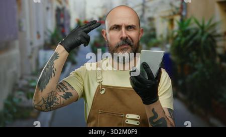 Bald man with beard in black gloves stands outdoors holding notebook in urban street setting contemplating thoughtfully. Stock Photo