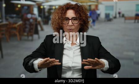 Middle-aged hispanic woman with curly hair doing breathing exercises on a restaurant terrace with outdoor seating, dressed in a black suit, outdoors i Stock Photo