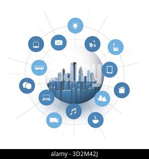 Futuristic Smart City, IoT and Cloud Computing Design with Icons Representing Network Nodes, Devices and Services - Tall Buildings Inside a Glass Glob Stock Vector