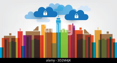 Colorful Smart City, Secure Cloud Computing Design Concept with  Cityscape, Tall Buildings, Skyscrapers  -  Technology, Data Protection, Cybersecurity Stock Vector